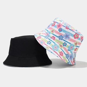 Detail of reversible bucket hat showing black side and colorful floral pattern print