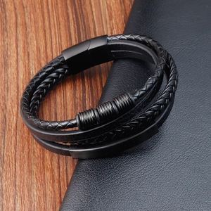 Men's multi-layer black braided leather bracelet with sleek matte metal magnetic clasp