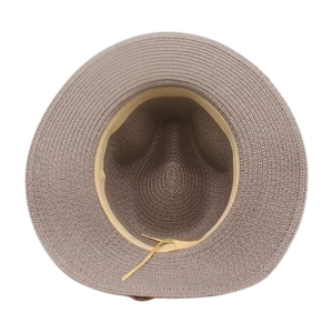 Détail de l'intérieur du chapeau de paille gris avec bandeau et cordon réglable