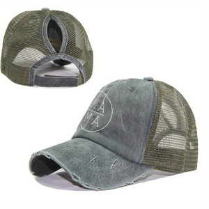 Distressed army green ponytail trucker hat with MAMA print and breathable mesh back