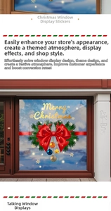 Detailed view of Merry Christmas wreath window sticker with red bow on glass door