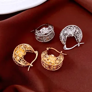 Hollow Geometric Hoop Earrings 18K Gold Plated Copper Retro 3D Flower Design Vintage Style For Women Elegant Jewelry