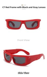 Detail view of red rectangular wrap-around sunglasses with dark grey lenses for sports