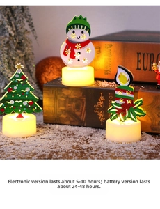 Detailed view of LED Christmas candle lights featuring snowman and tree shapes on fake snow