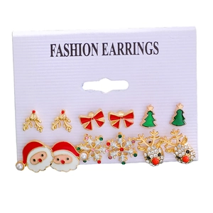 Detail view of a 6-pair Christmas stud earring set featuring Santa, snowflakes, and reindeer