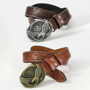 Men Vintage PU Leather Belt Embossed Floral Pattern Eagle Alloy Plate Buckle Retro Western Style Accessory