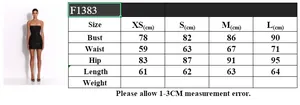 Size chart detail for sexy bodycon mini dress showing bust, waist, and hip measurements