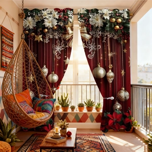 Detailed close-up of red Christmas curtains with holiday floral patterns and star ornaments