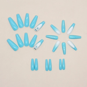 Long coffin press-on nails set with sky blue glitter and rhinestones design