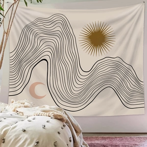 Böhmischer Wandteppich mit minimalistischen Sonnen- und Mondlinien für Wanddeko