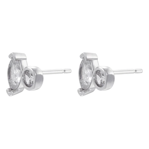 Detail of silver marquise and round cut crystal earrings with polished bezel setting