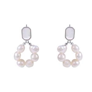 Elegant freshwater baroque pearl drop earrings with silver metal and white geometric accents