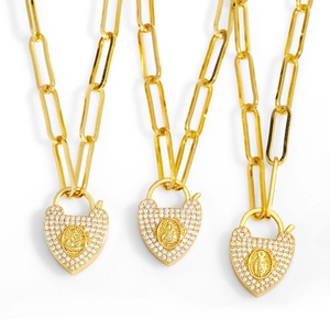 Collier Pendentif Cœur Cadenas Cuivre Plaqué Or 18K Vierge Marie Arc En Ciel Zirconium Chaîne Trombone Clavicule Femmes