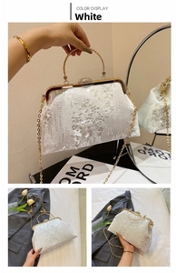 Detail of white sequin evening bag featuring gold metal handle and chain strap