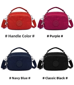 Detailed grid view of nylon crossbody bags in terracotta, magenta, blue, and black colors