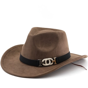 Western Cowboy Fedora Hat Suede Polyester Wide Brim Retro Jazz Cap With Metal Buckle Belt Adjustable Sun Protection