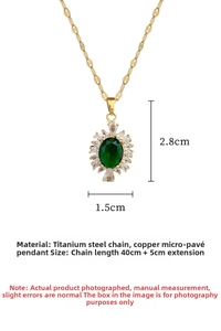 Detail of green stone pendant with dimensions 2.8cm by 1.5cm on a titanium steel chain
