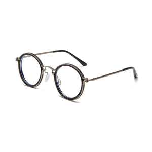 Retro round frame glasses in bronze and black metal, 45-degree angle professional view