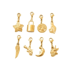 Set of 8 gold stainless steel charms including star lock and tree of life with lobster clasps