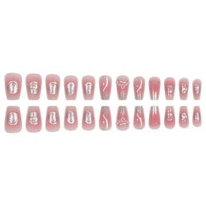 Glitter pink press-on nails set with pearls and metallic lines, medium long trapezoid