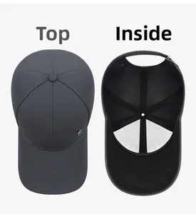 Dettaglio cappello baseball grigio scuro con fascia antisudore e logo in metallo