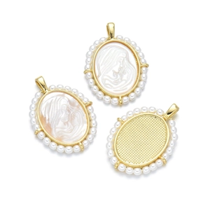 18K gold plated copper necklace with shell cameos and pearl border on white backdrop