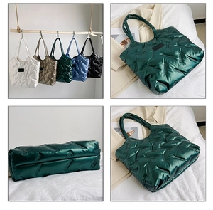 Detailed views of quilted puffer tote bags showing multiple colors and texture