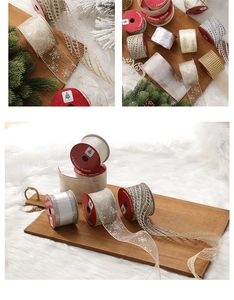 Close-up of glittery snowflake mesh and golden grid ribbons for Christmas tree decor