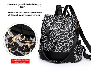 Detail showing the detachable shoulder strap buckle and leopard print pattern