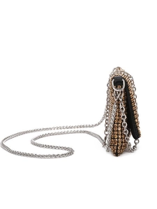 Elegant gold rhinestone evening clutch bag with silver chain strap from a side profile view