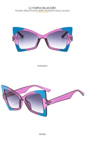 Front and side view of butterfly cat-eye sunglasses with blue-purple frames and grey lenses