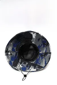 Detail view of the breathable mesh lining and adjustable drawstring on camouflage sun hat