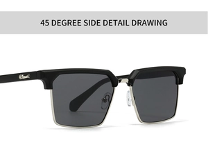 Close-up of retro semi-rimless sunglasses with silver metal trim and black frame detail