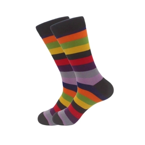 Detailed view of colorful striped crew socks for men with high-quality knitted texture