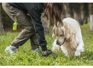 Green capsule poop bag dispenser attached to a leash for outdoor dog waste cleanup