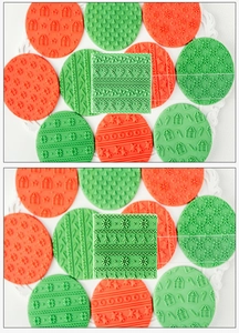 Detail showing green snowflake and Christmas tree embossing molds on fondant dough