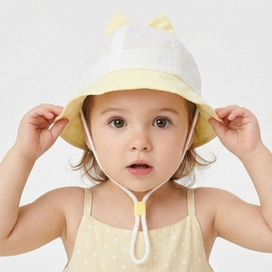 Chapeau soleil bébé avec oreilles mignonnes, broderie dentelle jaune et sangle pour tout-petits