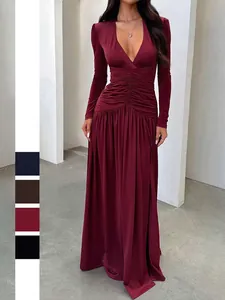 Elegant Deep V Neck Long Sleeve Maxi Dress Ruched Waist High Slit Sexy Evening Party Bodycon Dress For Women