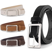 Detailed view of women's oval PU leather belts in four colors with silver metal buckles