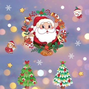 Macro view of Christmas window stickers featuring Santa, snowman, and reindeer illustrations