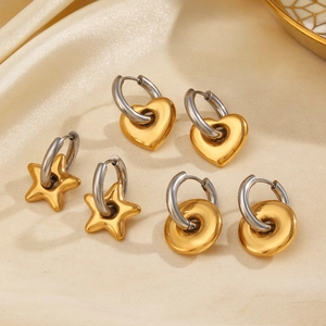 Boucles D'oreilles Géométriques À La Mode En Acier Inoxydable Forme De Cœur Étoile Ronde Bicolore Plaqué Or Pour Femmes