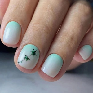 Press On Nails Short Round Gradient Light Green White Leaf Pattern Artificial False Nails With Glue Plastic For Women Elegant Style