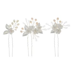 Ancient style hair stick set with white ceramic flowers and silver leaves for Hanfu