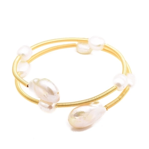 Handmade baroque freshwater pearl wrap bracelet with gold spiral wire for women