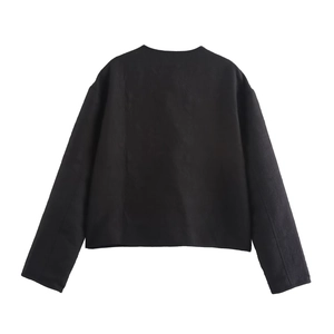 Women's black short jacket featuring floral embroidery and jacquard texture on the back