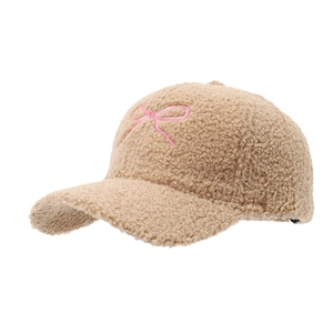 Winter faux fur baseball cap in beige featuring pink bow embroidery for women