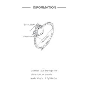 Detailed size chart of S925 sterling silver heart ring with AAAAA zirconia stone specs