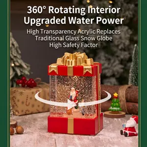 Red Christmas gift box snow globe lantern with rotating Santa and warm LED lights