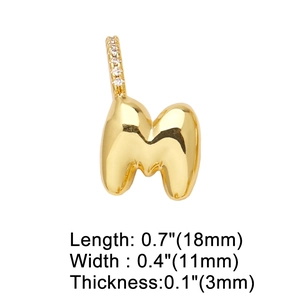 Detailed dimensions of gold letter M pendant with crystals and heart-shaped bail