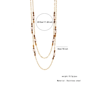 Detailed view of gold stainless steel double layer necklace with brown beads measurements